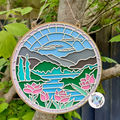 Stained Glass Style Hand Painted Sign Mountain Lake View Nature - Hanging in nature