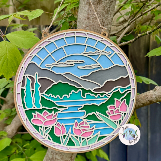 Stained Glass Style Hand Painted Sign Mountain Lake View Nature - Hanging in nature