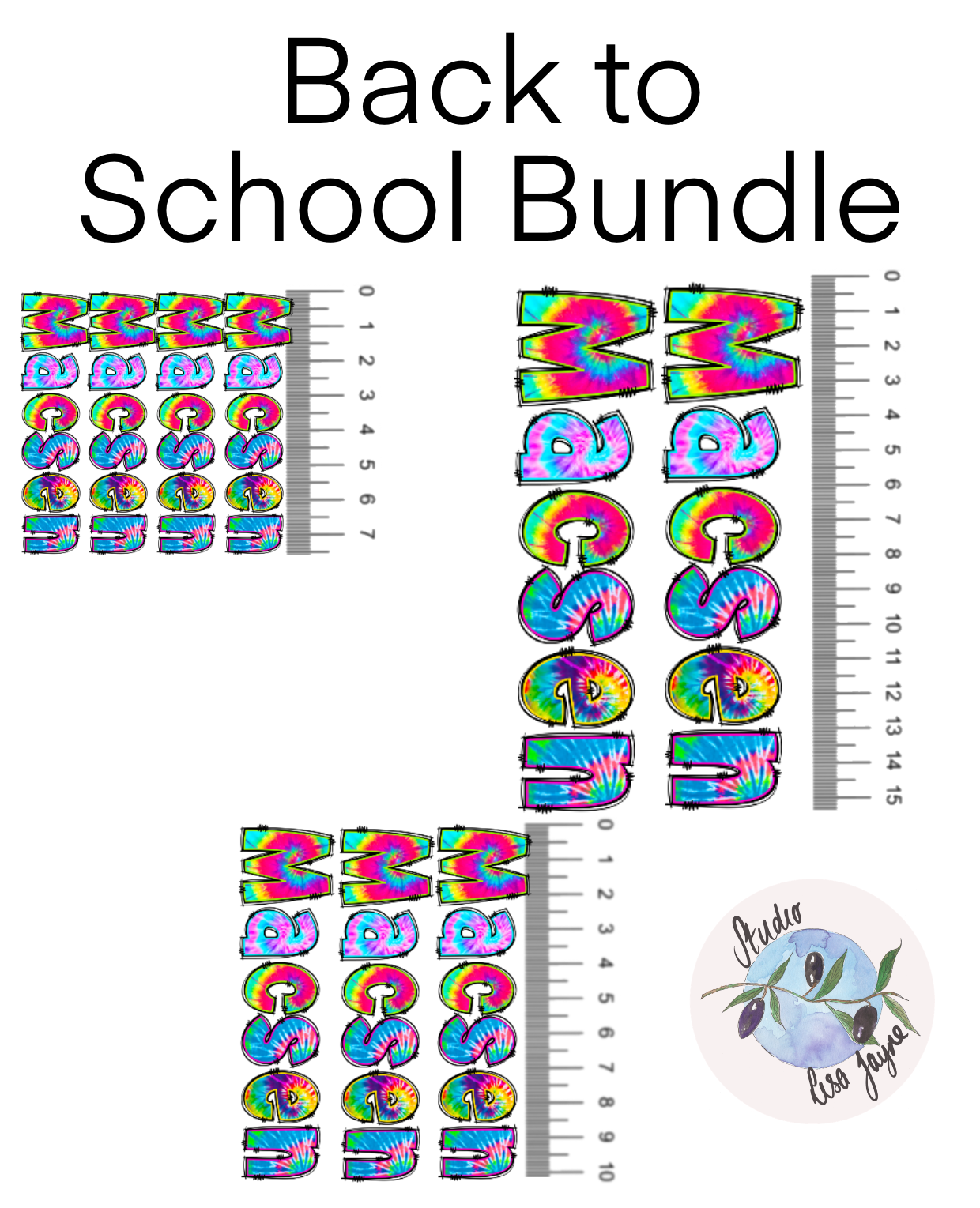 Tie Dye Name Sticker Bundle Size Chart - 9 stickers, 15cm, 10cm and 7.5cm