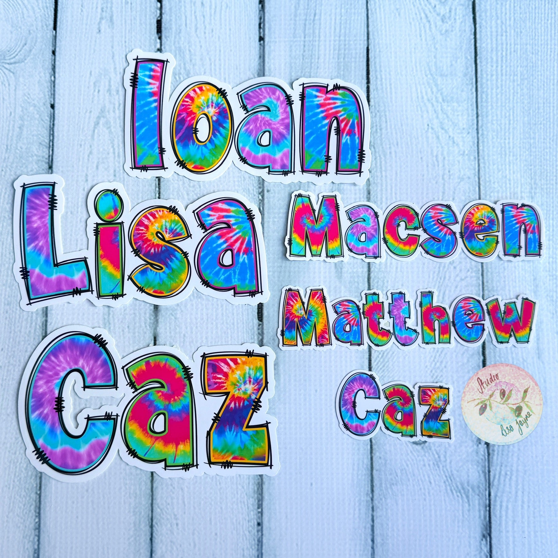 Waterproof Vinyl Tie Dye Name Sticker collection of names, Lisa, Ioan, Macsen, Matthew, Caz
