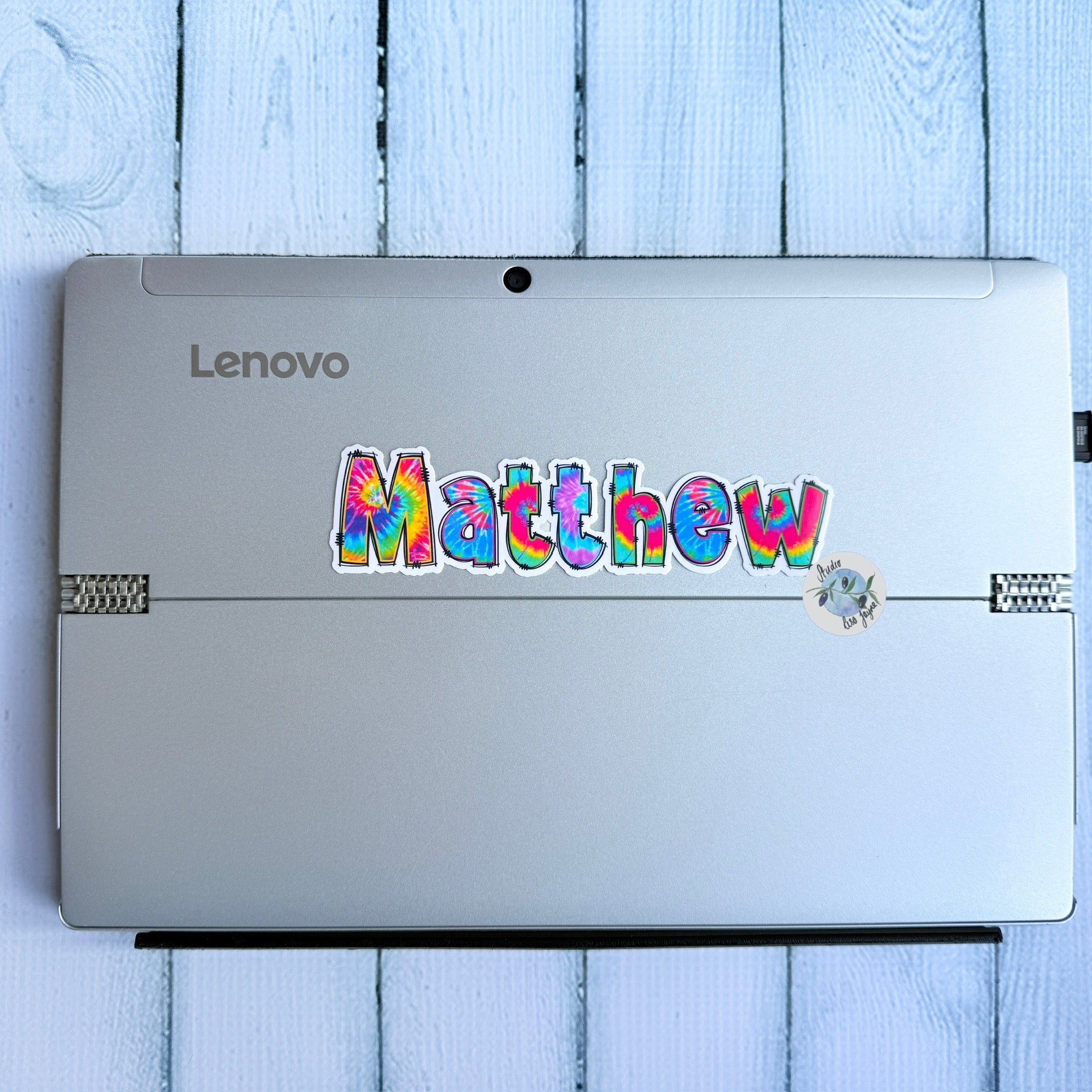 Waterproof Vinyl Tie Dye Name Sticker Applied to laptop  - name Matthew 