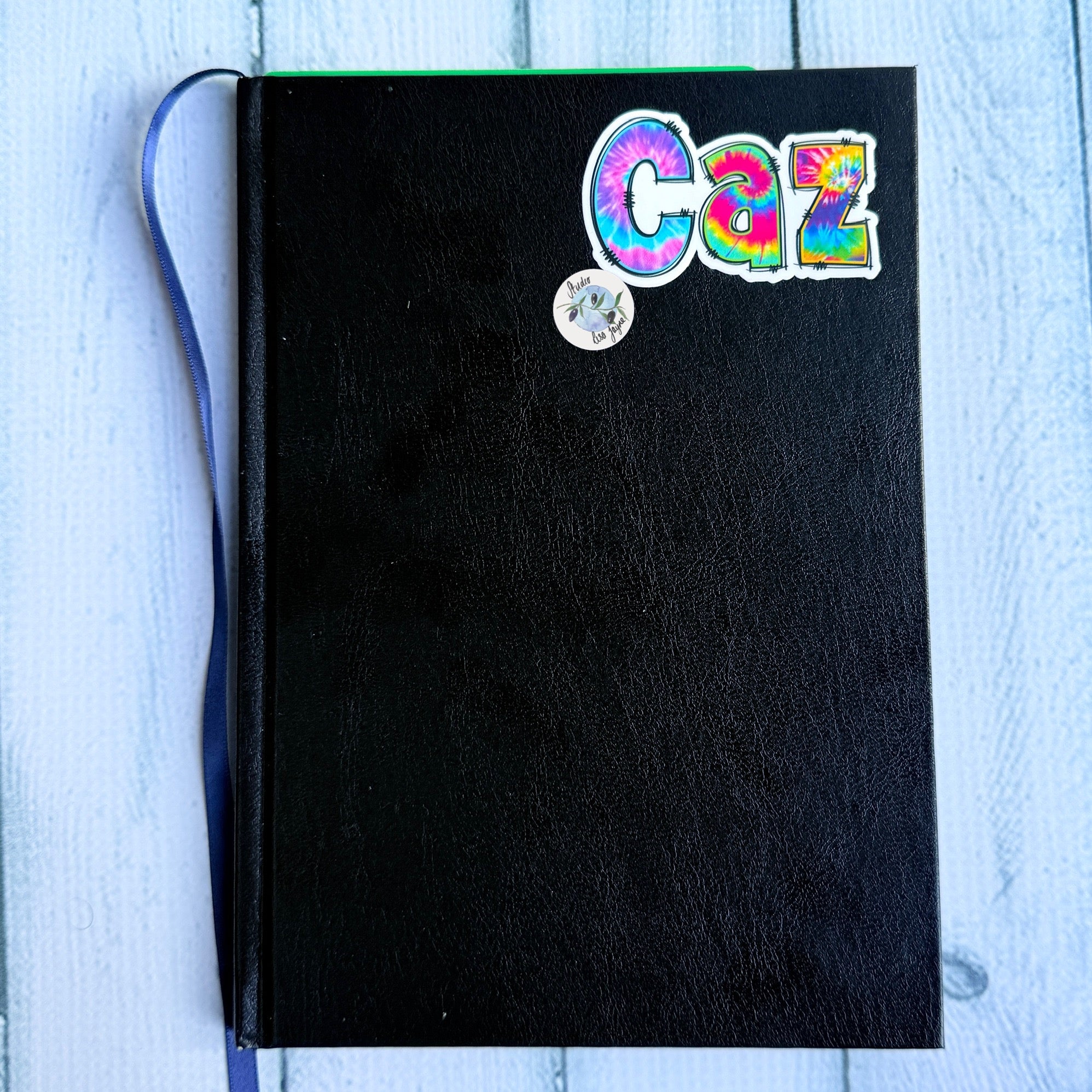 Waterproof Vinyl Tie Dye Name Sticker on notebook, diary, journal