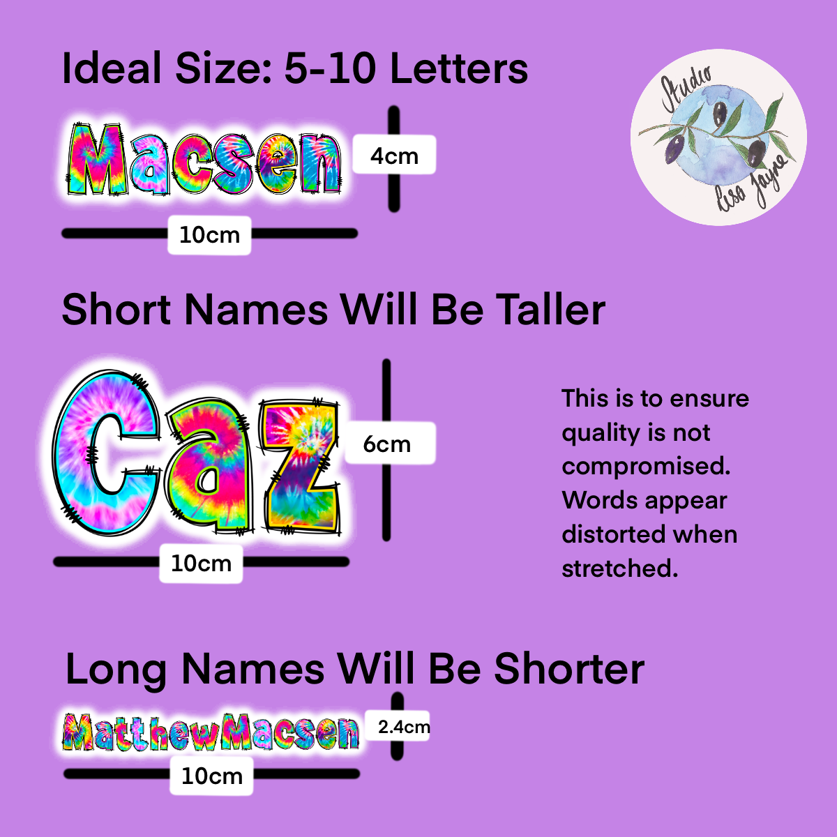 Tie Dye Name Sticker Bundle Size Chart showing the difference in size based on name length