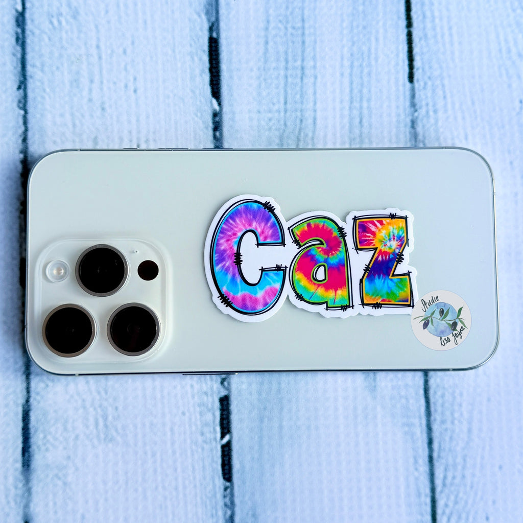Waterproof Vinyl Tie Dye Name Sticker on iPhone, smartphone, android