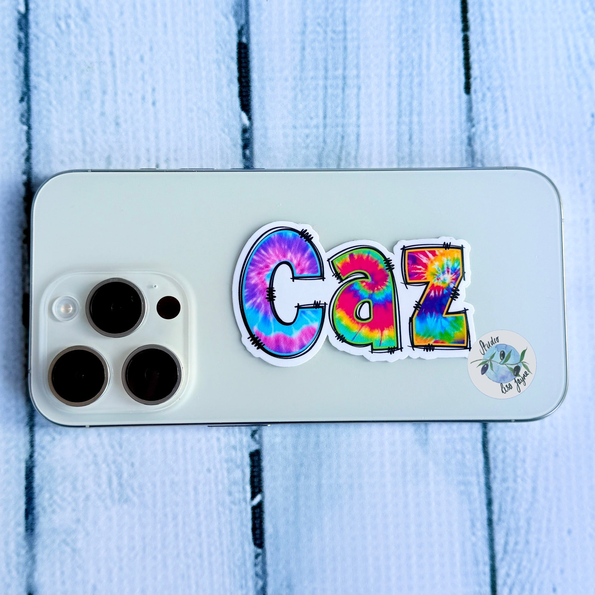 Waterproof Vinyl Tie Dye Name Sticker on iPhone, smartphone, android
