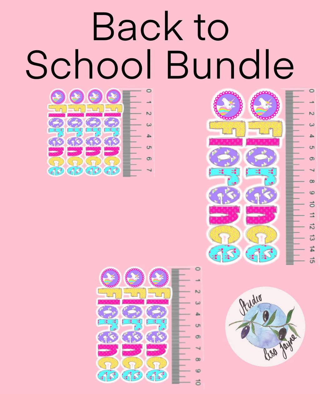 Back to School Bundle with colorful numbers, letters, and a ruler on a pink background.