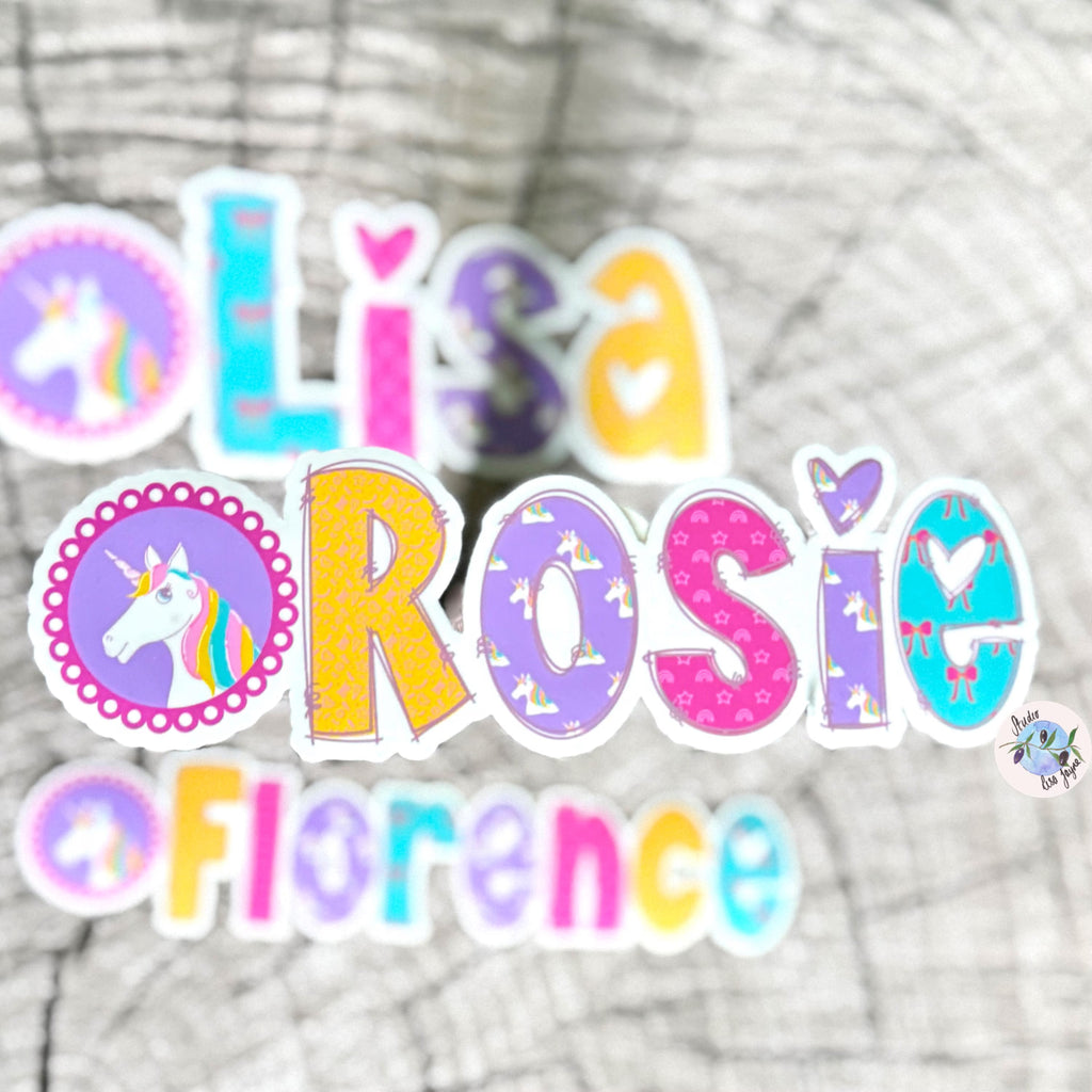 Colourful unicorn name stickers with unicorn designs on a textured background