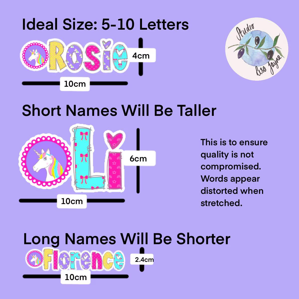 Chart showing ideal letter size for names with 'Rosie', 'Ali', and 'Florence' examples on a purple background.