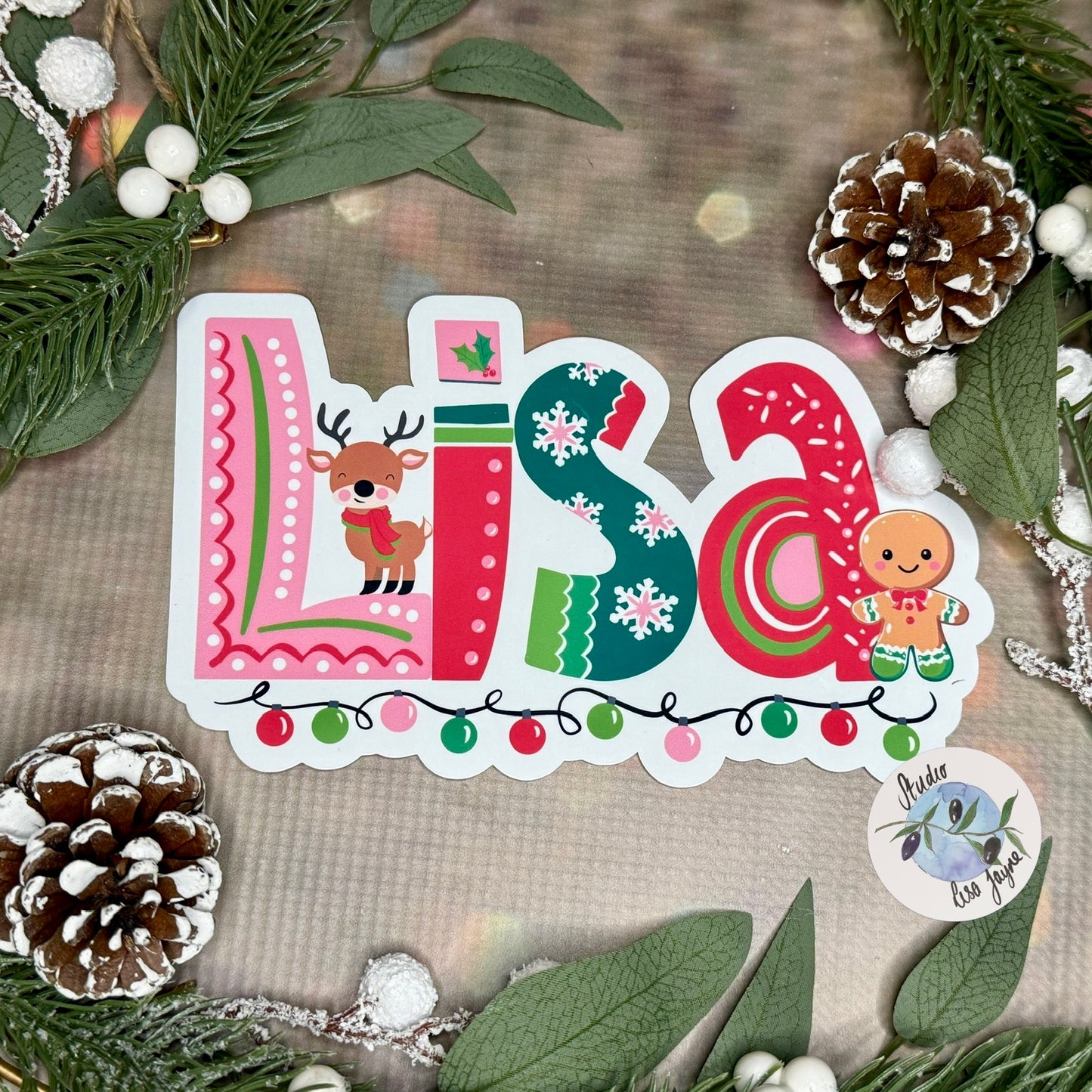 Waterproof Christmas Name Sticker Label Personalised - Reindeer Gingerbread man Lisa Simple BG