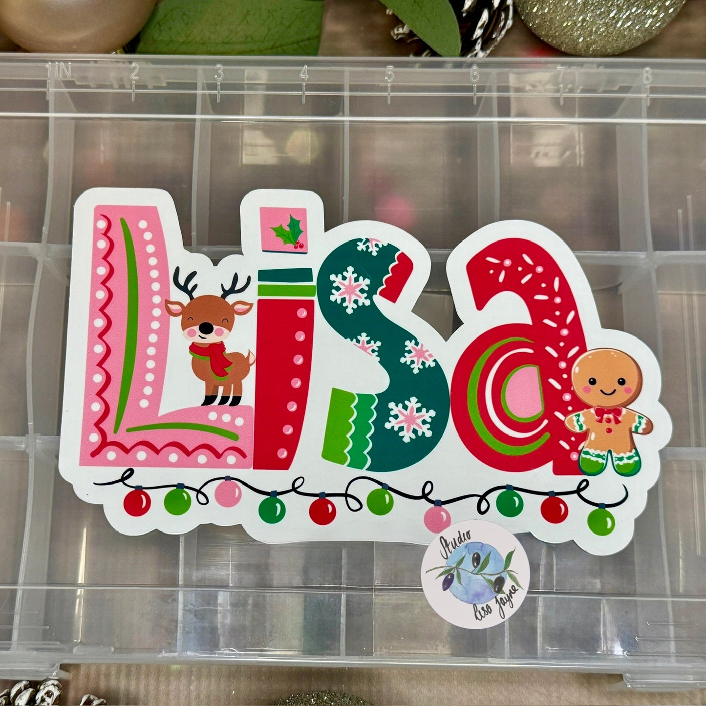 Waterproof Christmas Name Sticker Label Personalised - Reindeer Gingerbread man Lisa 