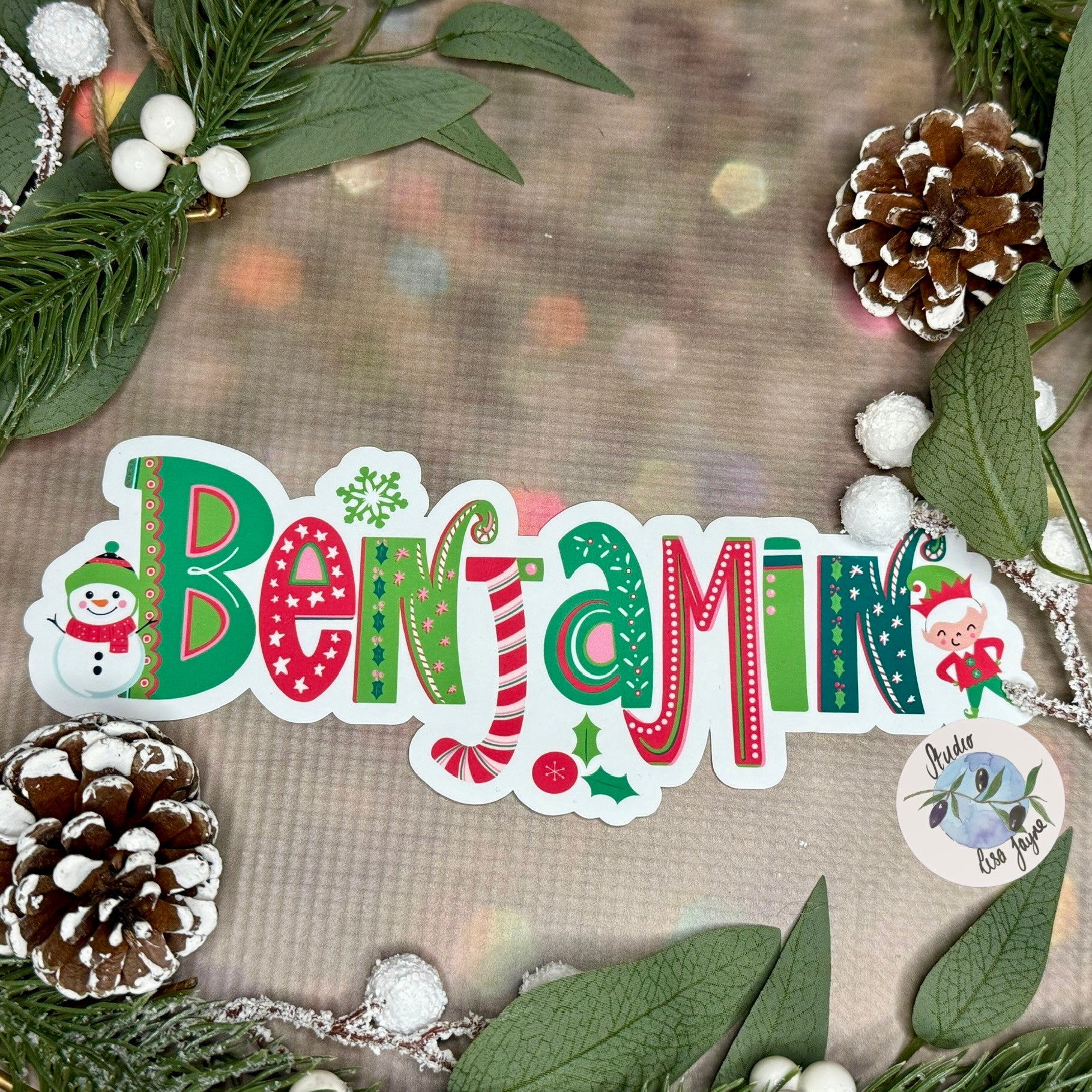 Waterproof Christmas Name Sticker Label Personalised - Snowman Elf Benjamin Simple BG