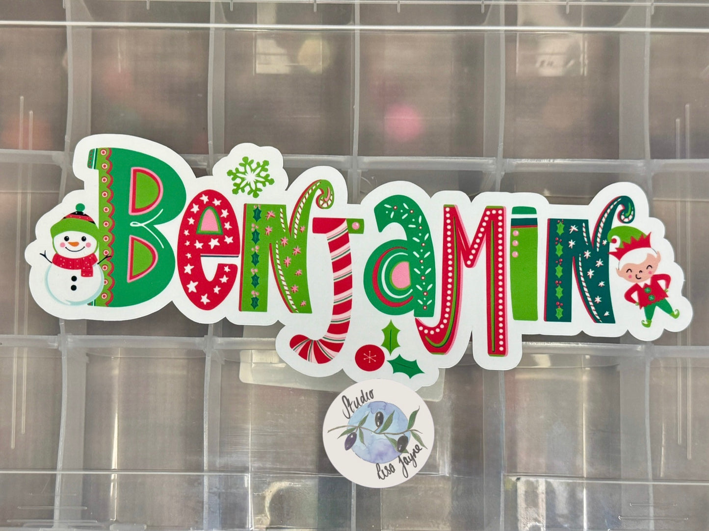 Waterproof Christmas Name Sticker Label Personalised - Snowman Elf Benjamin