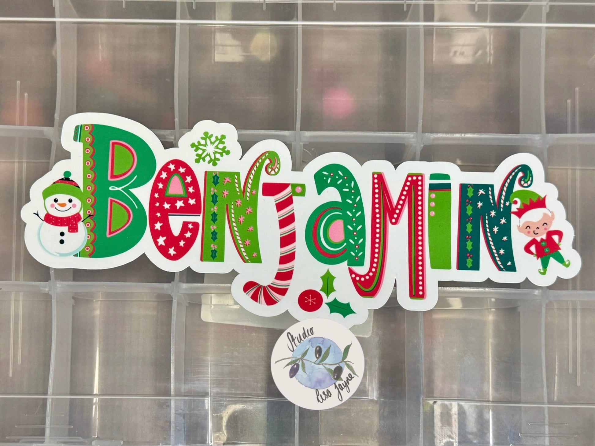 Waterproof Christmas Name Sticker Label Personalised - Snowman Elf Benjamin