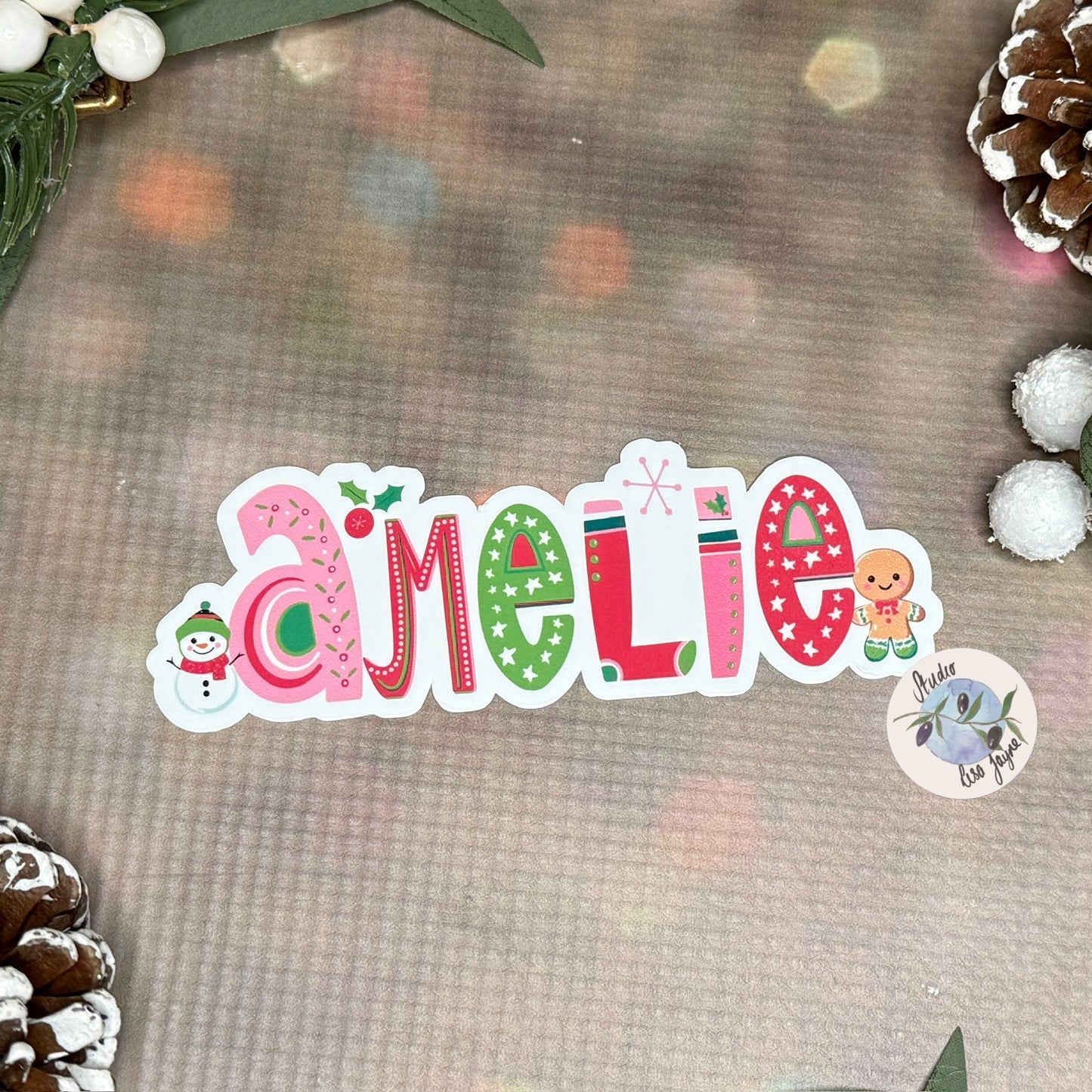 Waterproof Christmas Name Sticker Label Personalised - Snowman Gingerbread man Amelie Simple BG