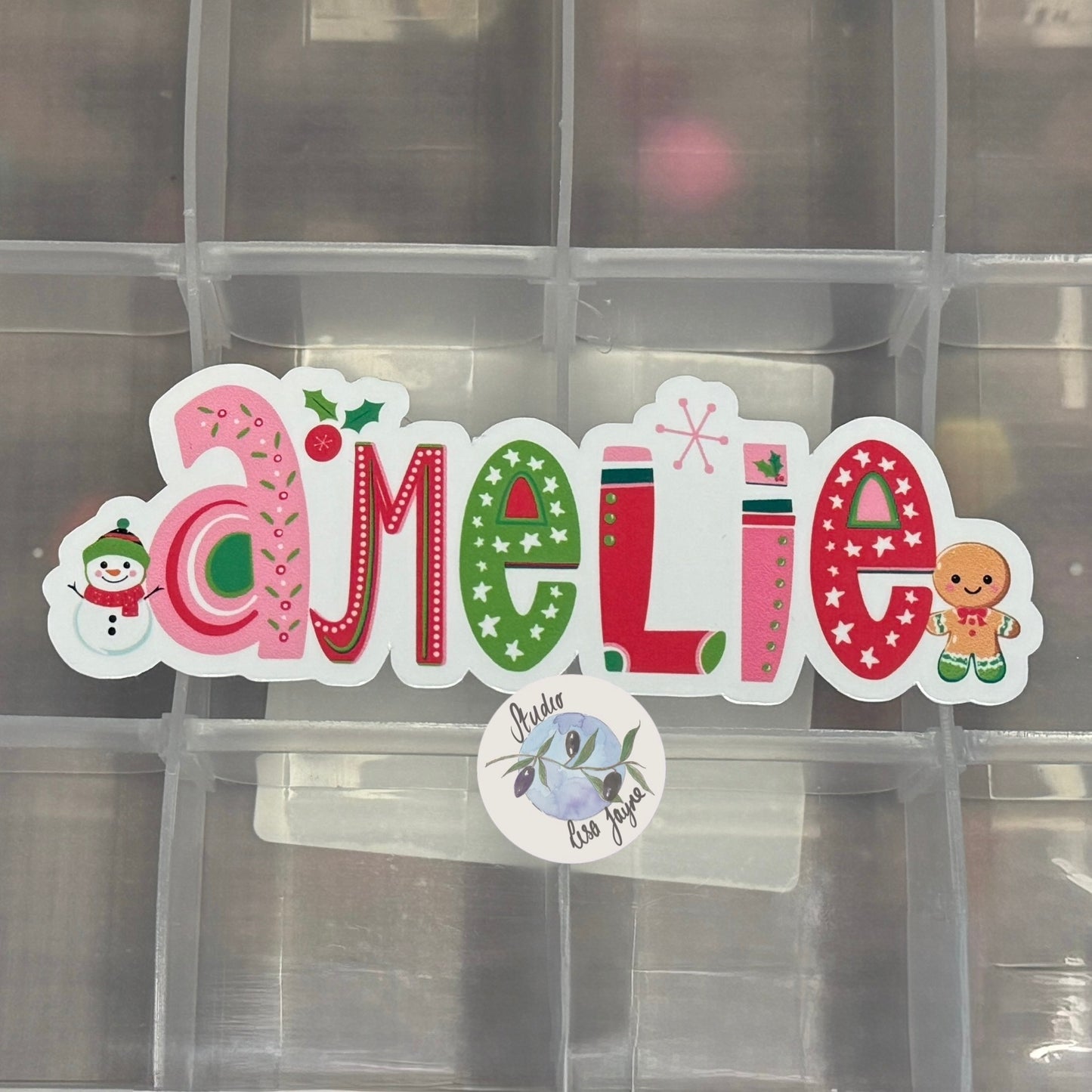 Waterproof Christmas Name Sticker Label Personalised - Snowman Gingerbread man Amelie 