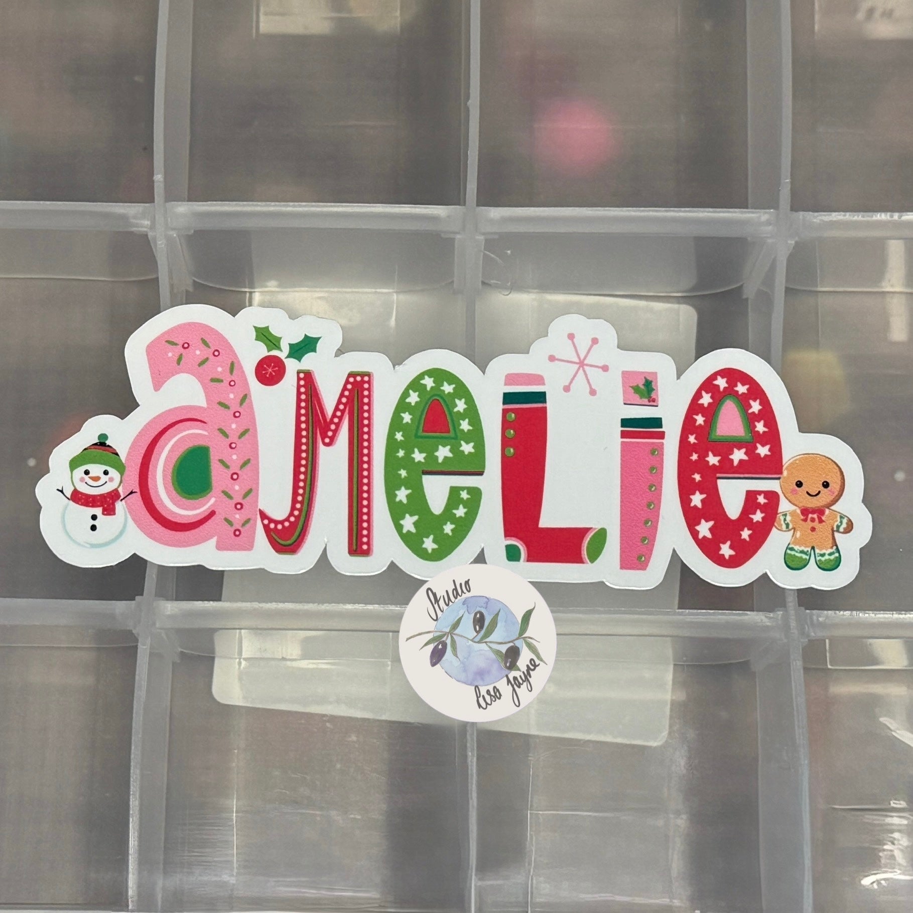 Waterproof Christmas Name Sticker Label Personalised - Snowman Gingerbread man Amelie 