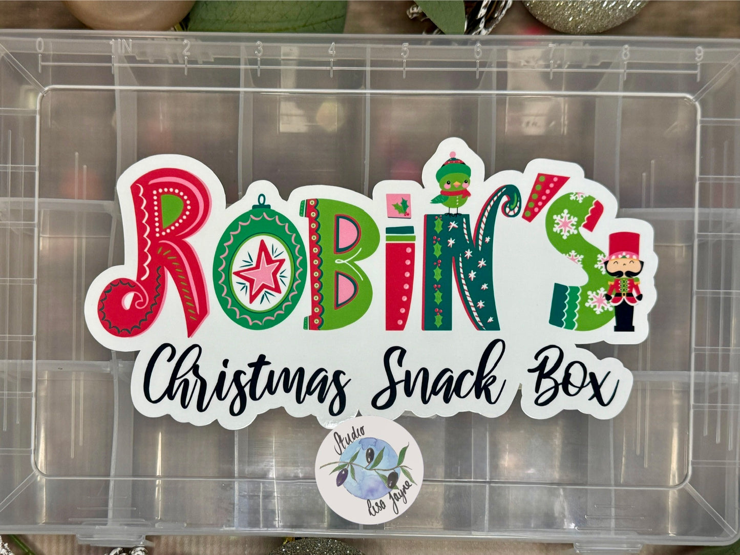Christmas Snack Box Stickers - Waterproof Christmas Name Labels Personalised - Robin Nutcracker on box