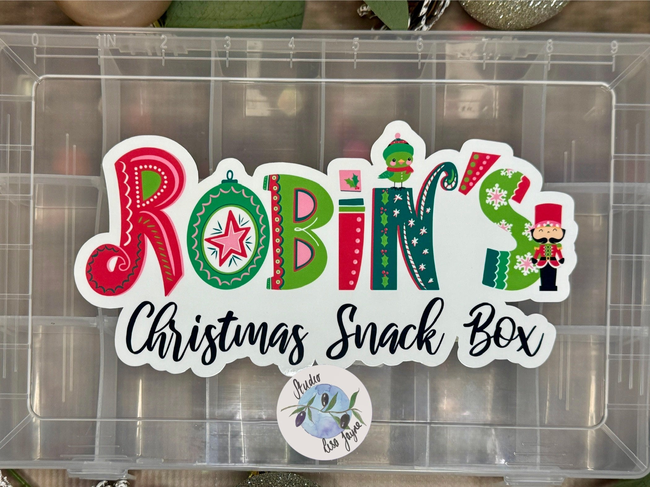 Christmas Snack Box Stickers - Waterproof Christmas Name Labels Personalised - Robin Nutcracker on box