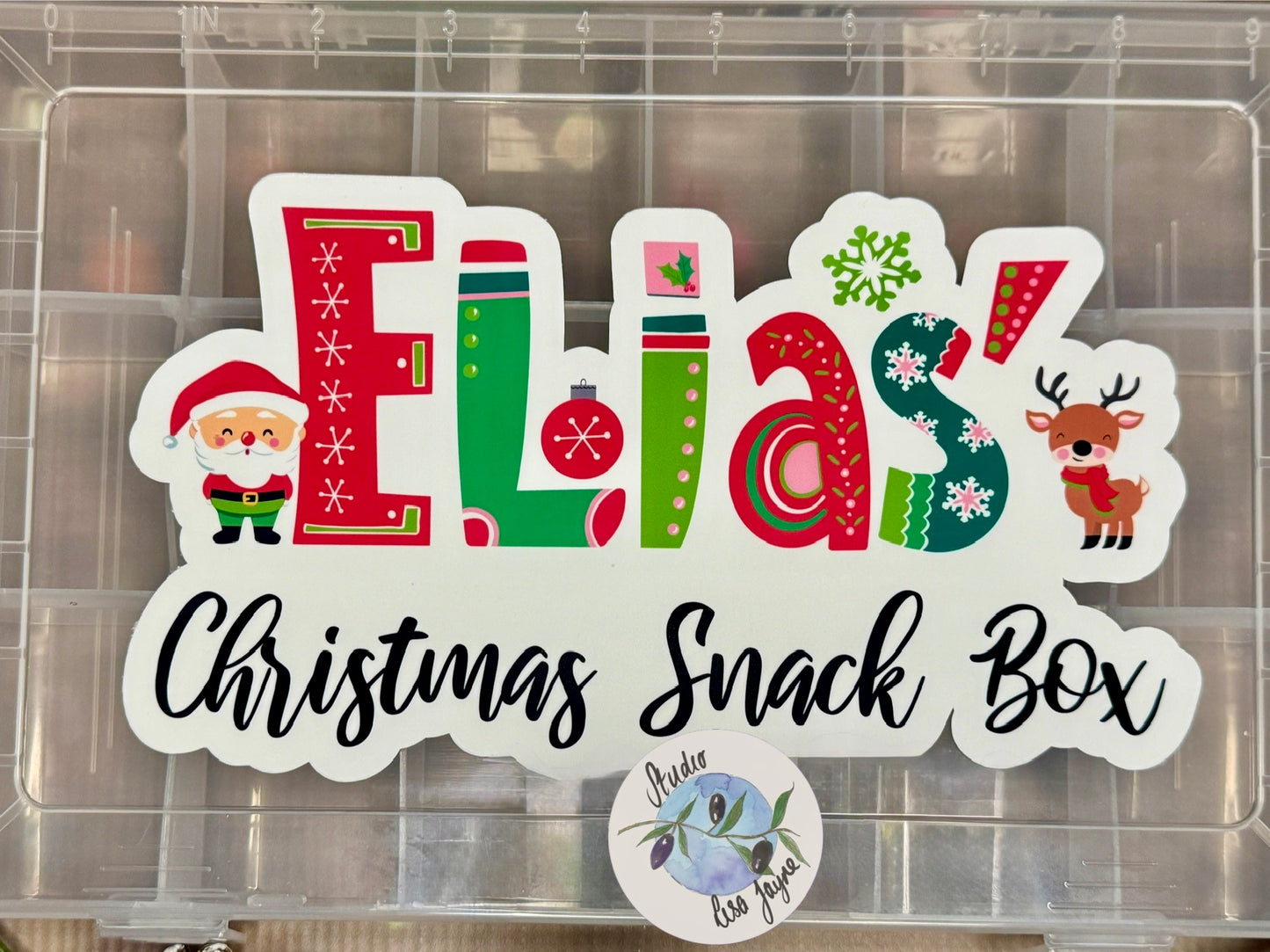 Christmas Snack Box Stickers - Waterproof Christmas Name Labels Personalised - Santa Reindeer Elias sticker on box
