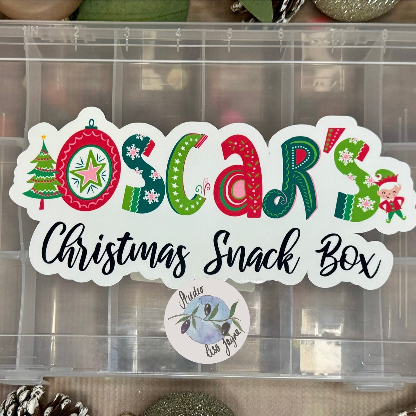 Christmas Snack Box Stickers - Waterproof Christmas Name Labels Personalised - Oscar Christmas Tree Elf