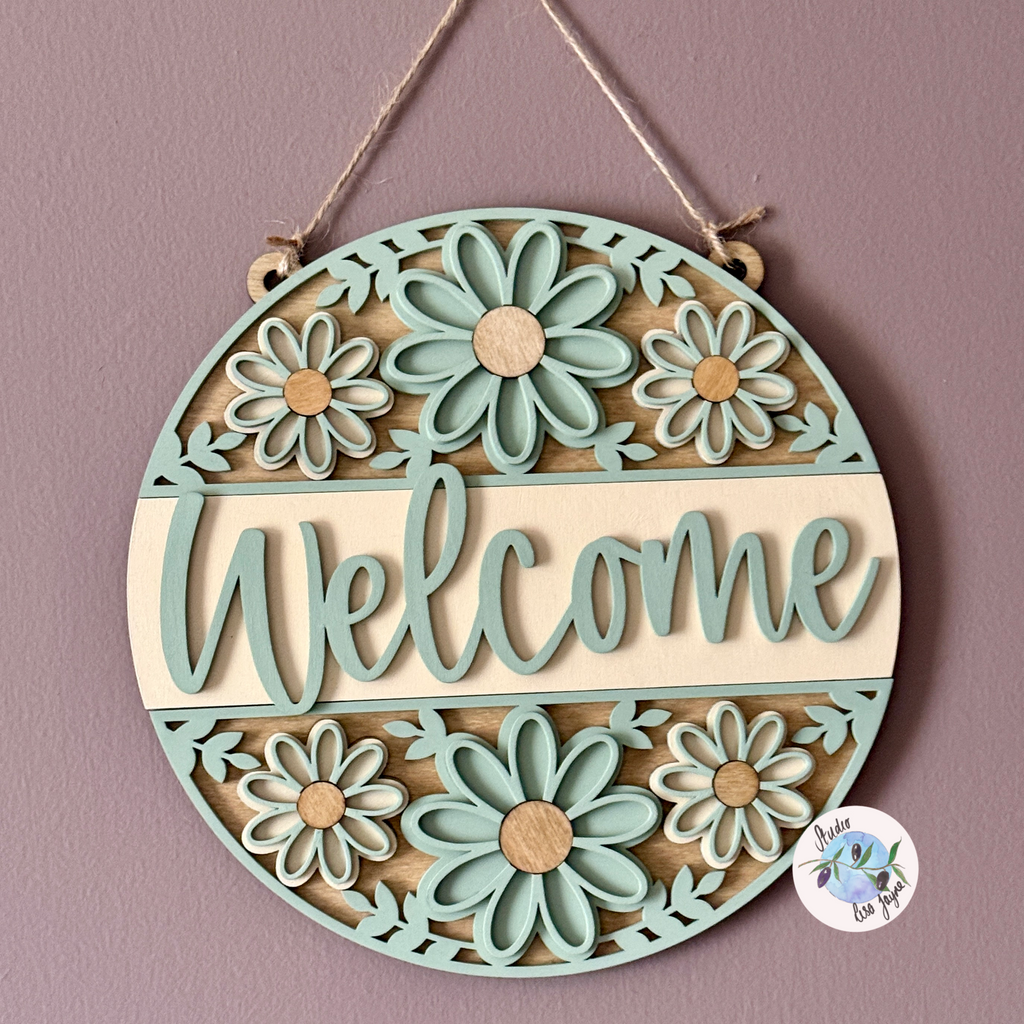 Welcome/Croeso Floral Handmade Hanging Wooden Sign  - cream and green chalk paint flowers with wood stained accents
