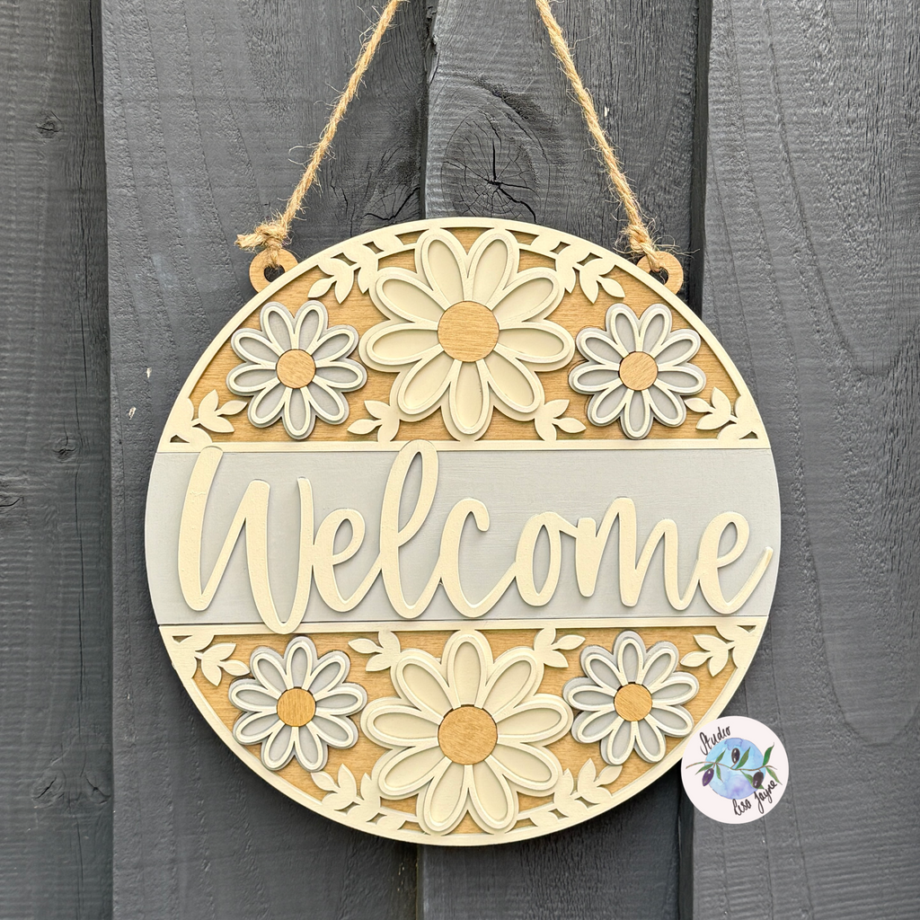 Welcome/Croeso Floral Handmade Hanging Wooden Sign  - cream and grey/gray chalk paint flowers with wood stained accents.  Simple Gray background
