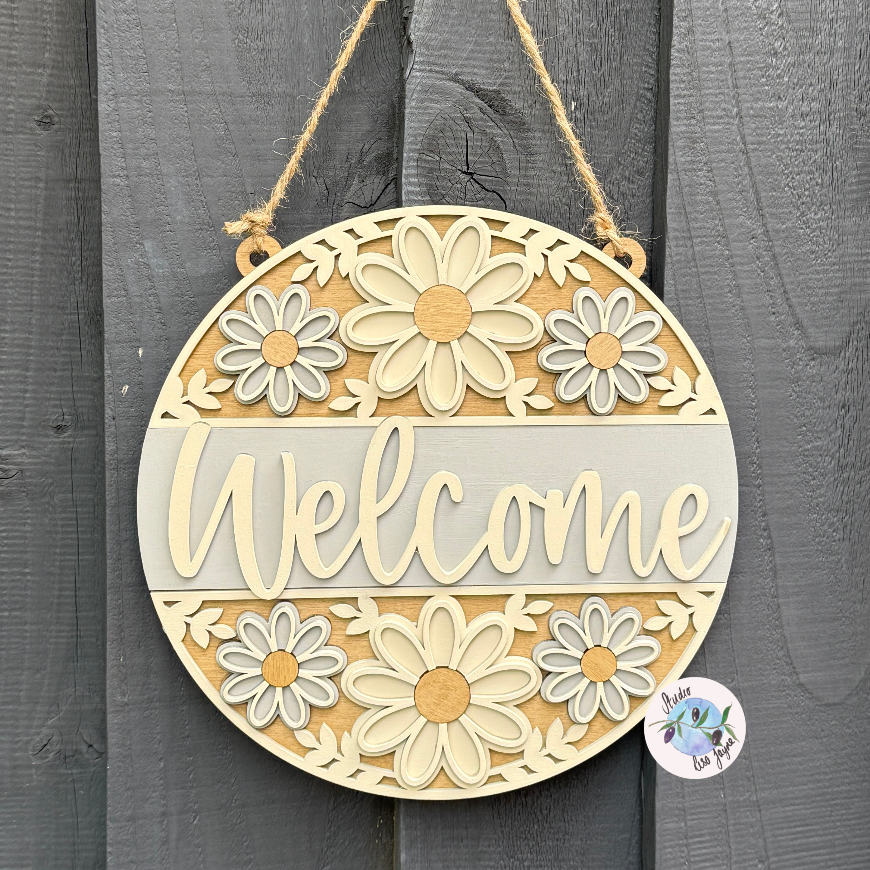 Welcome/Croeso Floral Handmade Hanging Wooden Sign  - cream and grey/gray chalk paint flowers with wood stained accents.  Simple Gray background