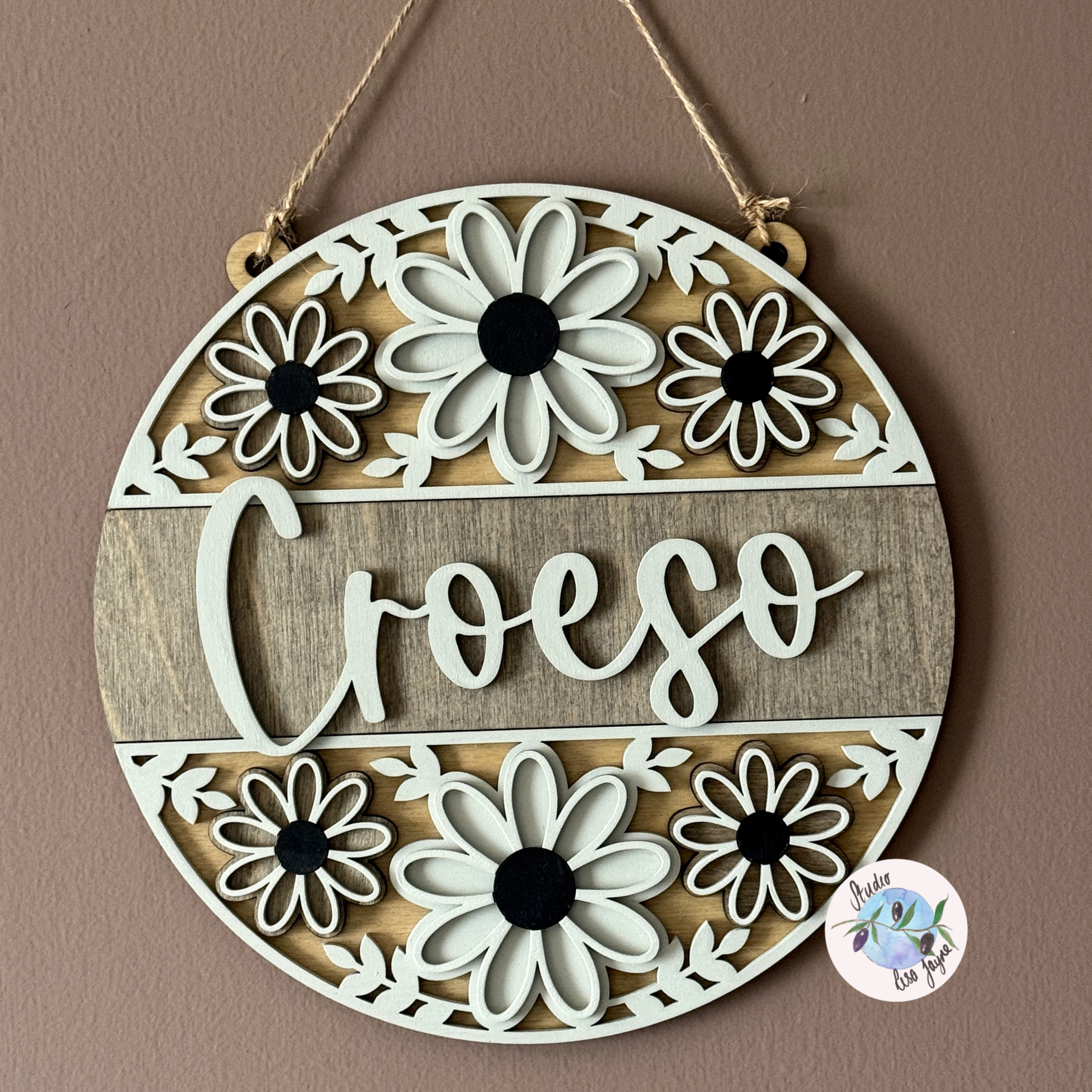 Welcome/Croeso Floral Handmade Hanging Wooden Sign - Grey Wood stain  and Black/Cream chalk paint