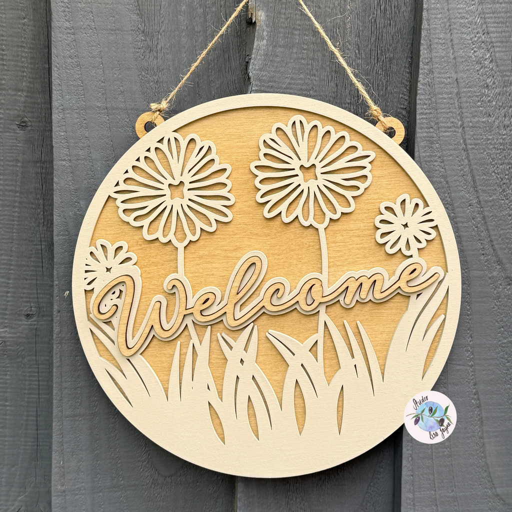 Welcome Flower Hand Painted Handmade Hanging Wooden Sign on a simple grey background