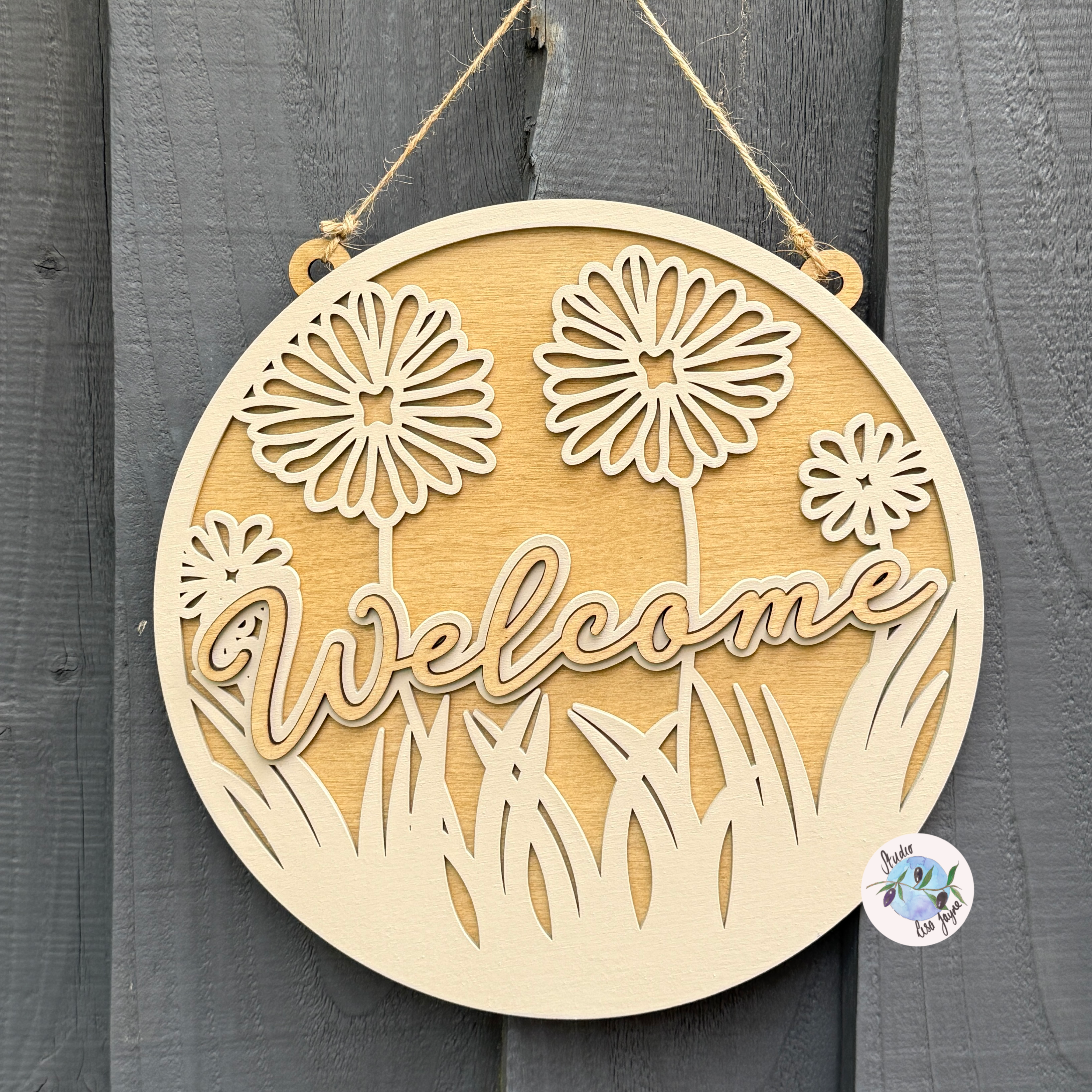 Welcome Flower Hand Painted Handmade Hanging Wooden Sign on a simple grey background