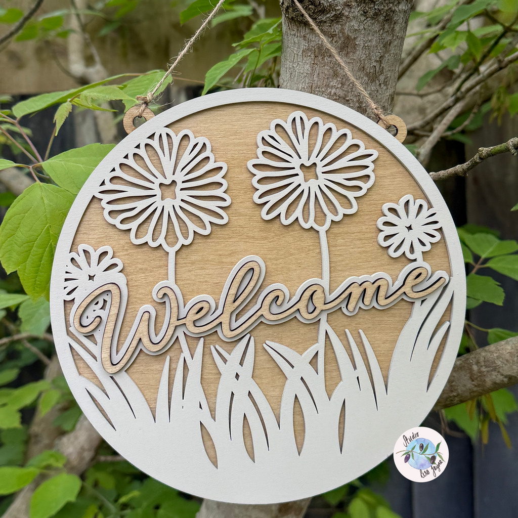 Hand Welcome Display Welcome Flower Hand Painted Handmade Hanging Wooden Sign – Studio Lisa ...