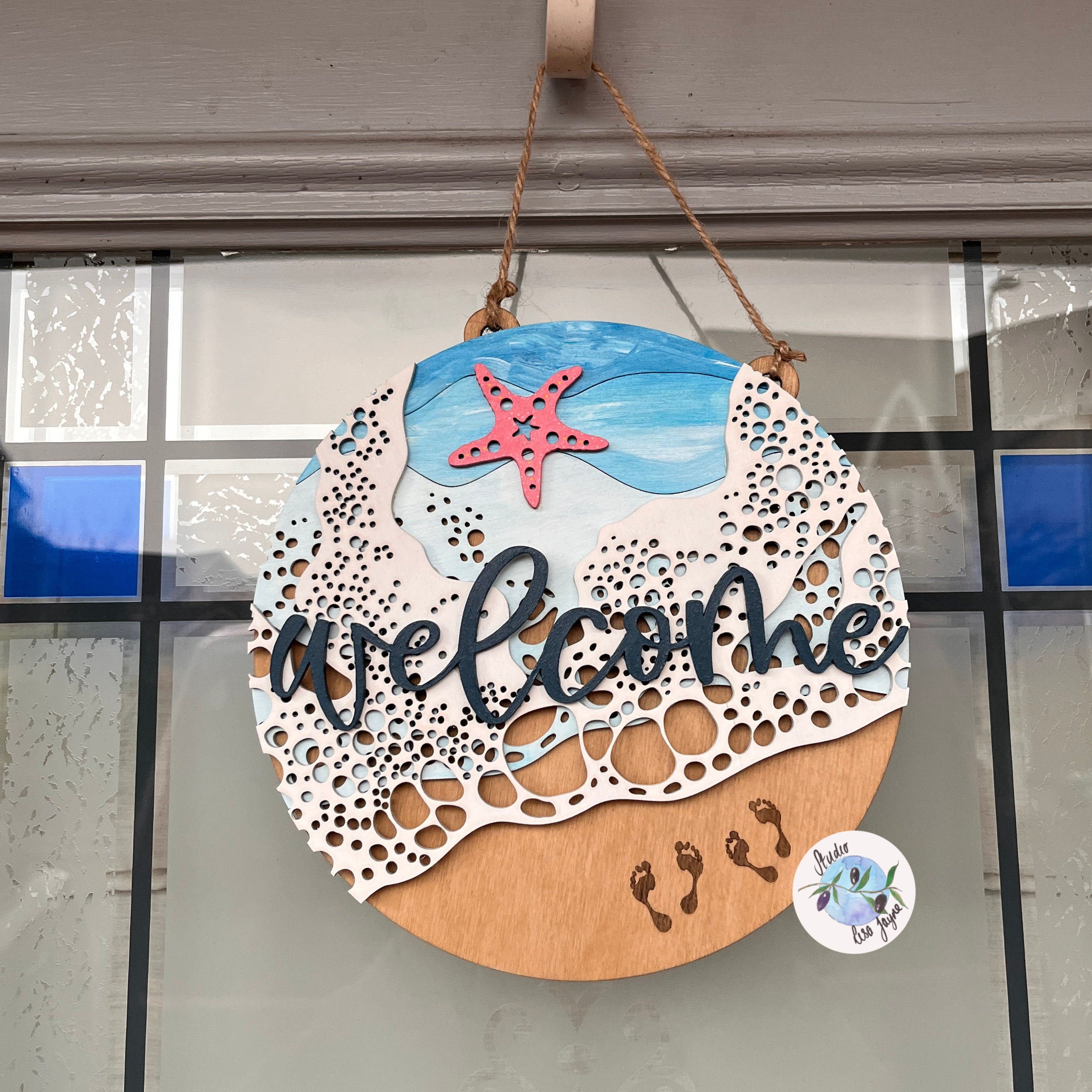 Welcome Layered Beach Sea Ocean Hanging Wooden Sign Front Door