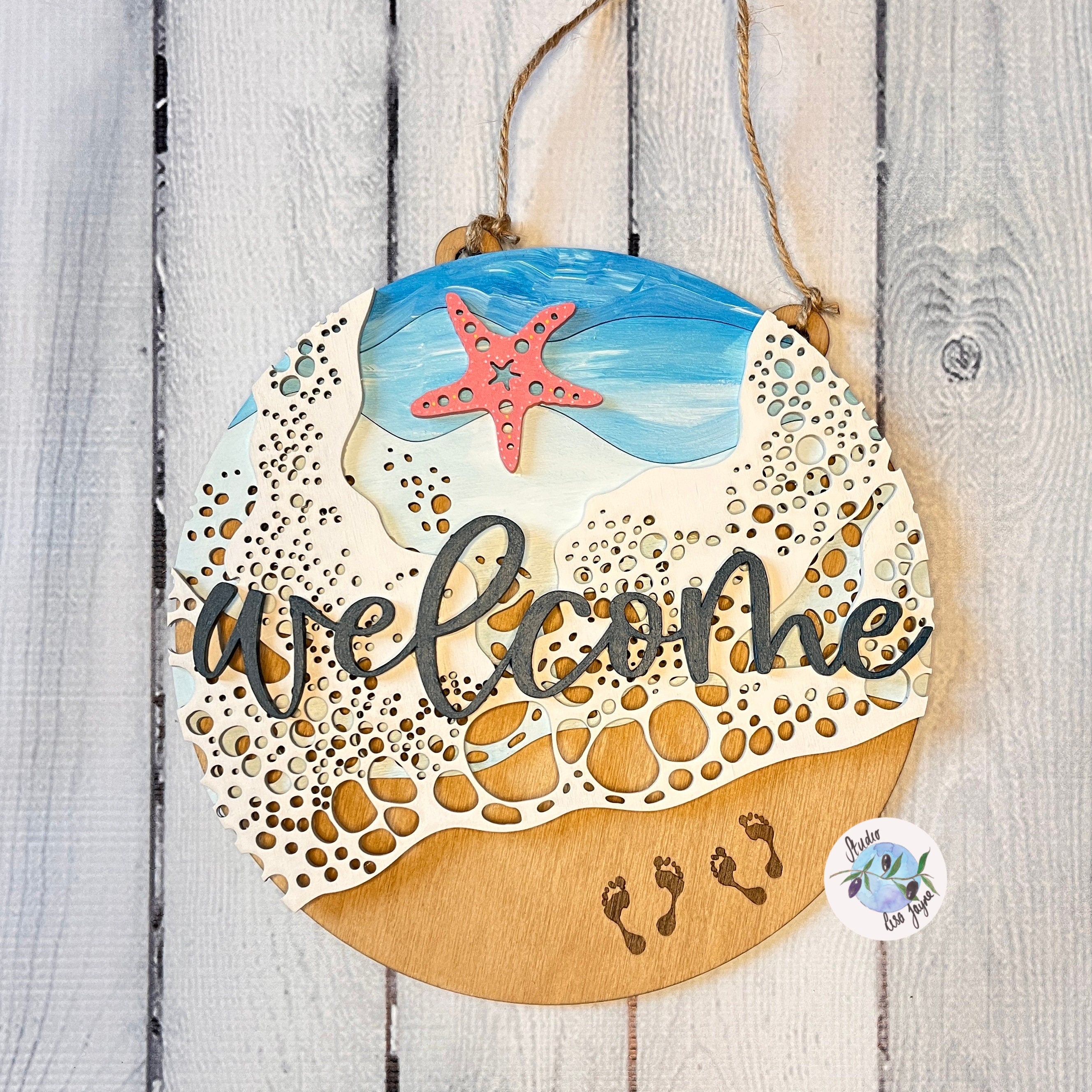 Welcome Layered Beach Sea Ocean Hanging Wooden Sign Simple White Backdrop