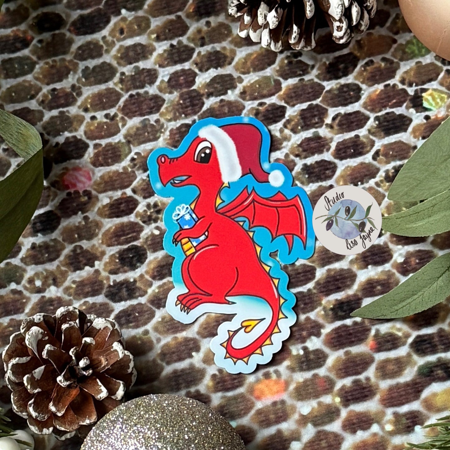 Welsh Christmas Dragon Sticker - Waterproof Decal Ddraig Goch - Close up