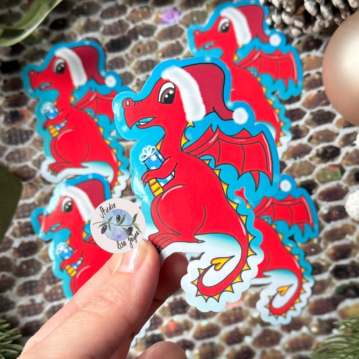 Welsh Christmas Dragon Sticker - Waterproof Decal Ddraig Goch - In Hand