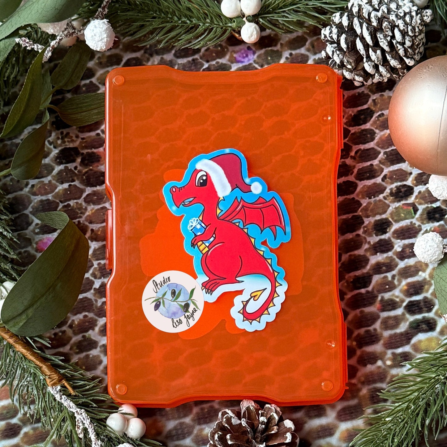 Welsh Christmas Dragon Sticker - Waterproof Decal Ddraig Goch - Stuck to Plastic Box