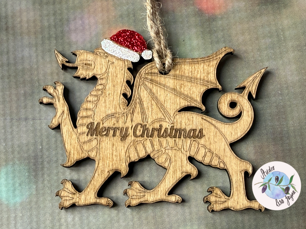 Christmas Welsh Dragon Hanging Decor - stained wood - engraved message Merry Christmas