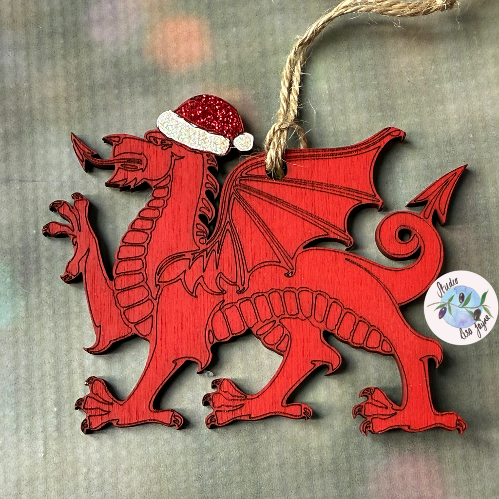 Christmas Welsh Dragon Hand Painted Hanging Decor - hand painted red - engraved without message