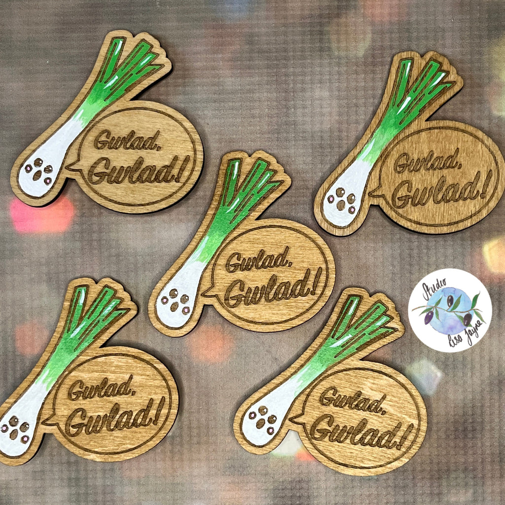 Welsh Singing Leek Wooden Brooch.  St David's Day