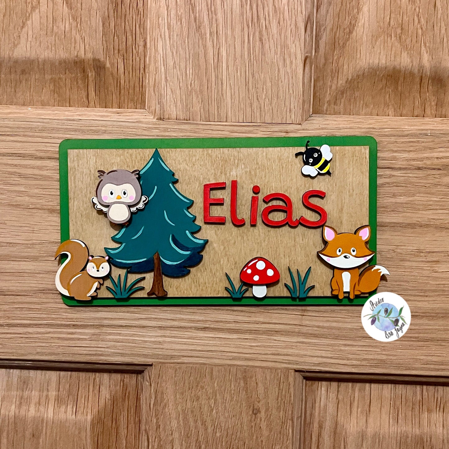 Woodland Creatures Children’s Name Bedroom Door Sign Plaque Personalised Animal Nursery Name  - Woodland Animals - owl, fox, rabbit, squirrel, bee, and mushroom - on door