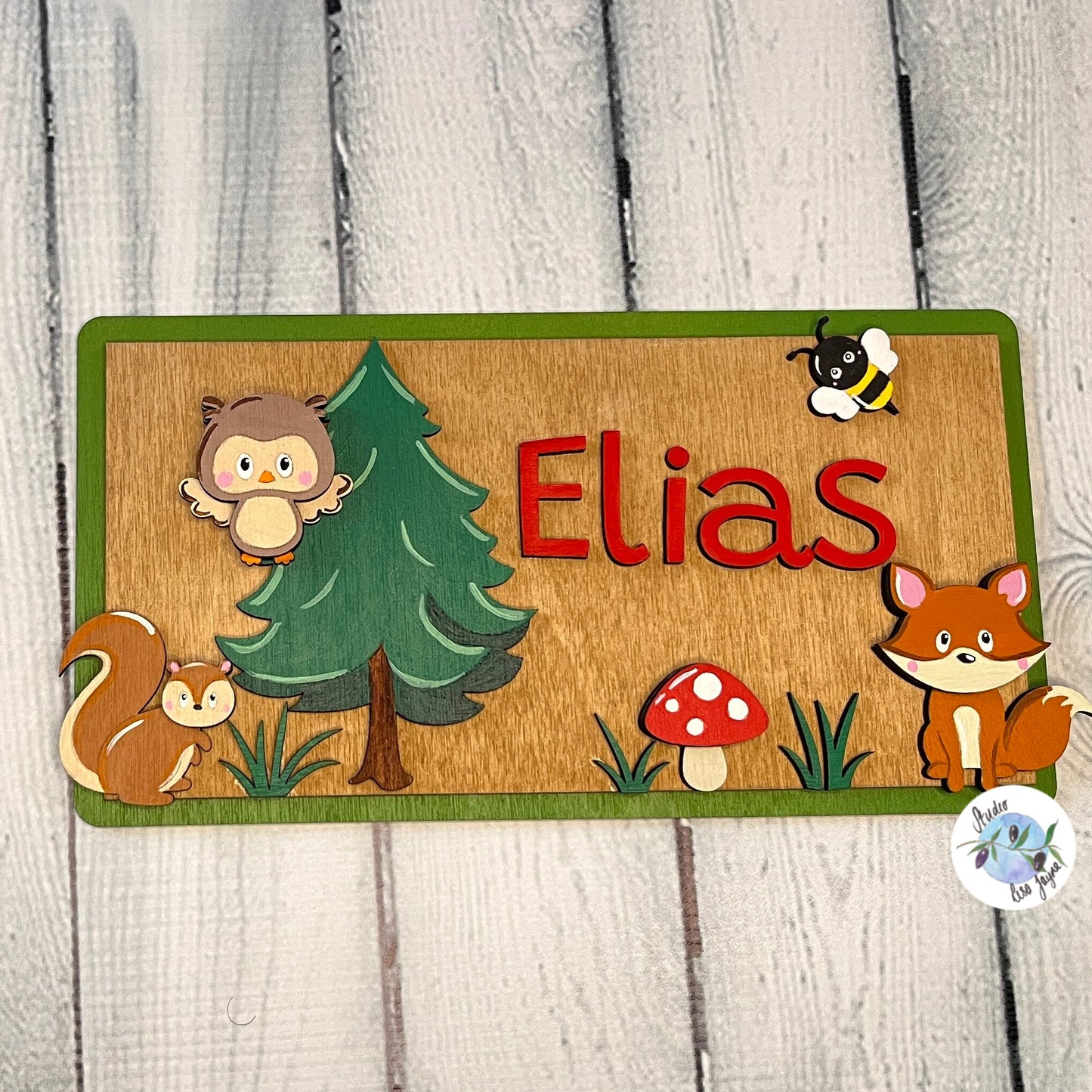 Woodland Creatures Children’s Name Bedroom Door Sign Plaque Personalised Animal Nursery Name  - Woodland Animals - owl, fox, rabbit, squirrel, bee, and mushroom - close up