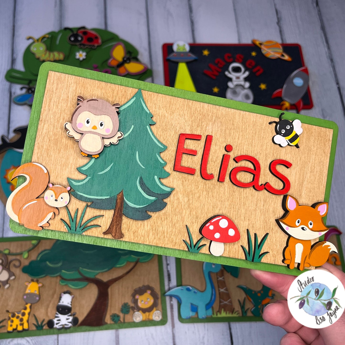 Woodland Creatures Children’s Name Bedroom Door Sign Plaque Personalised Animal Nursery Name  - Woodland Animals - owl, fox, rabbit, squirrel, bee, and mushroom - In front