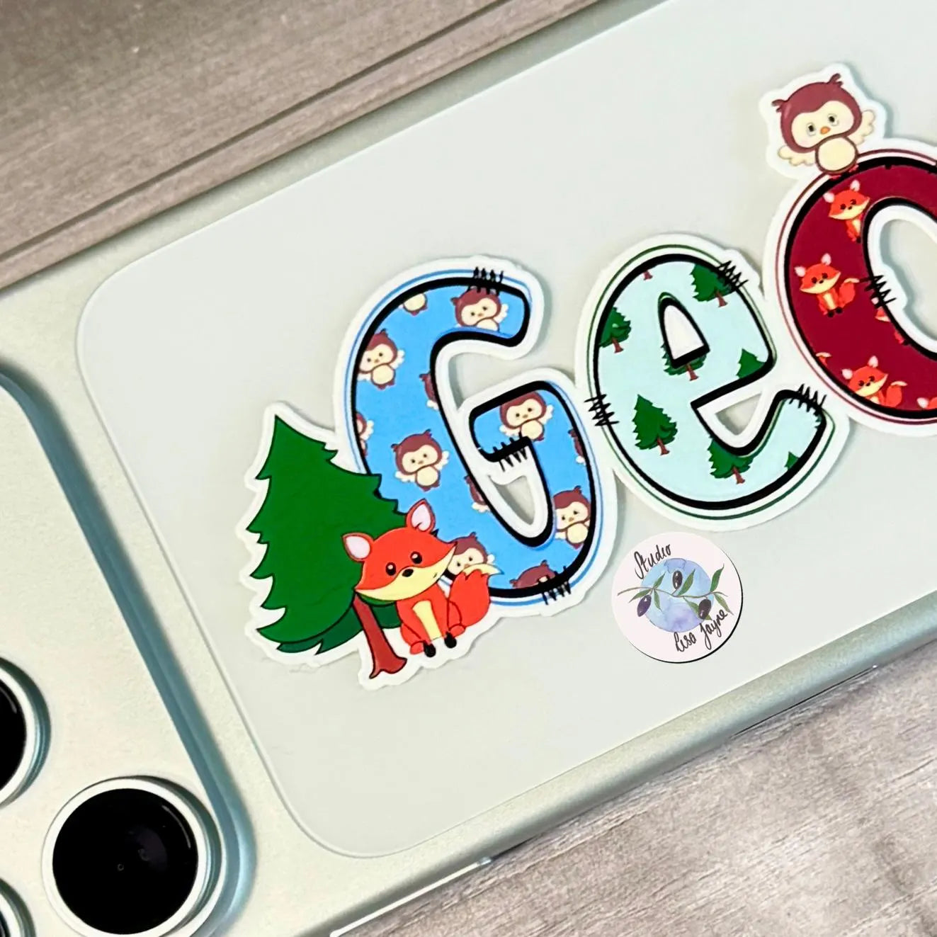 Sticker with cartoon woodland animal character sticker on a phone case