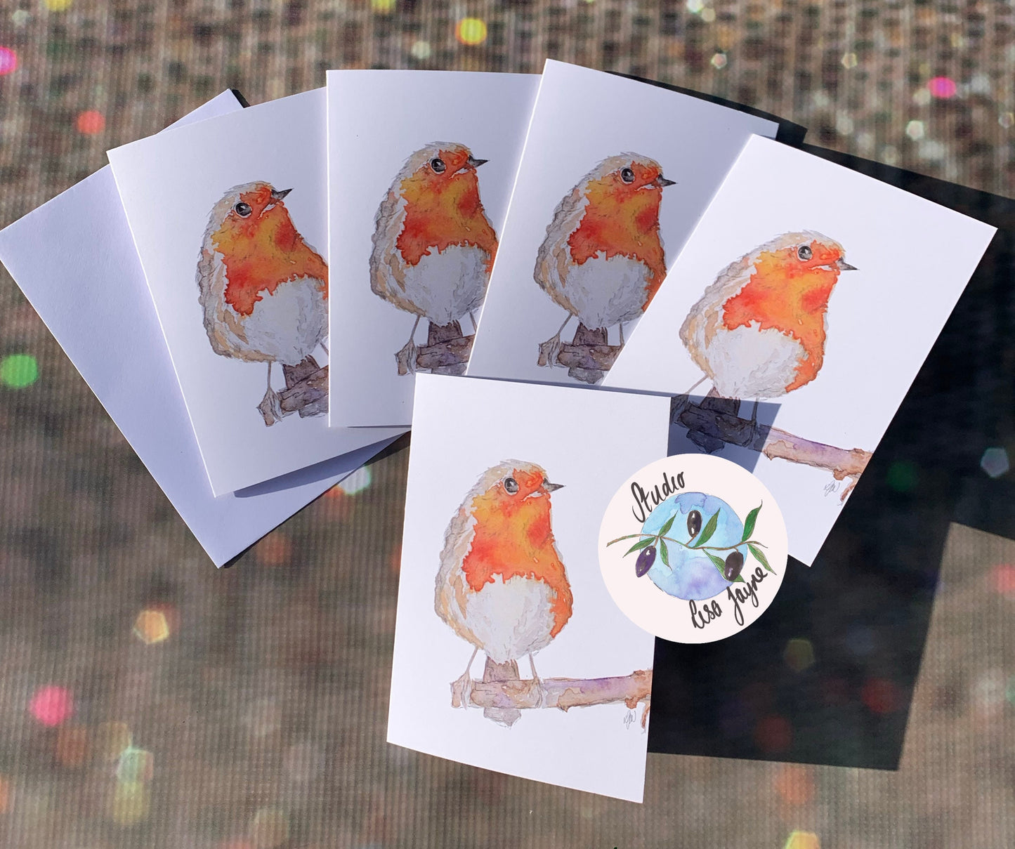 Hand painted Watercolour Christmas Cards Robin Print - Bundle of 5