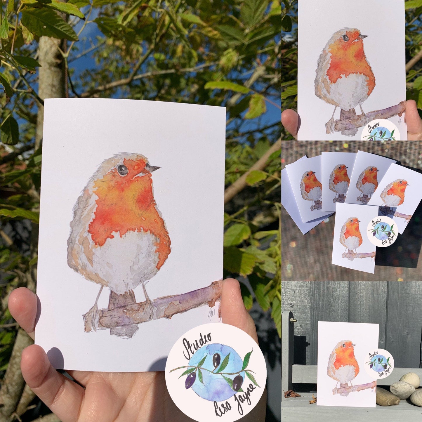 Hand painted Watercolour Christmas Cards Robin Print - Layout