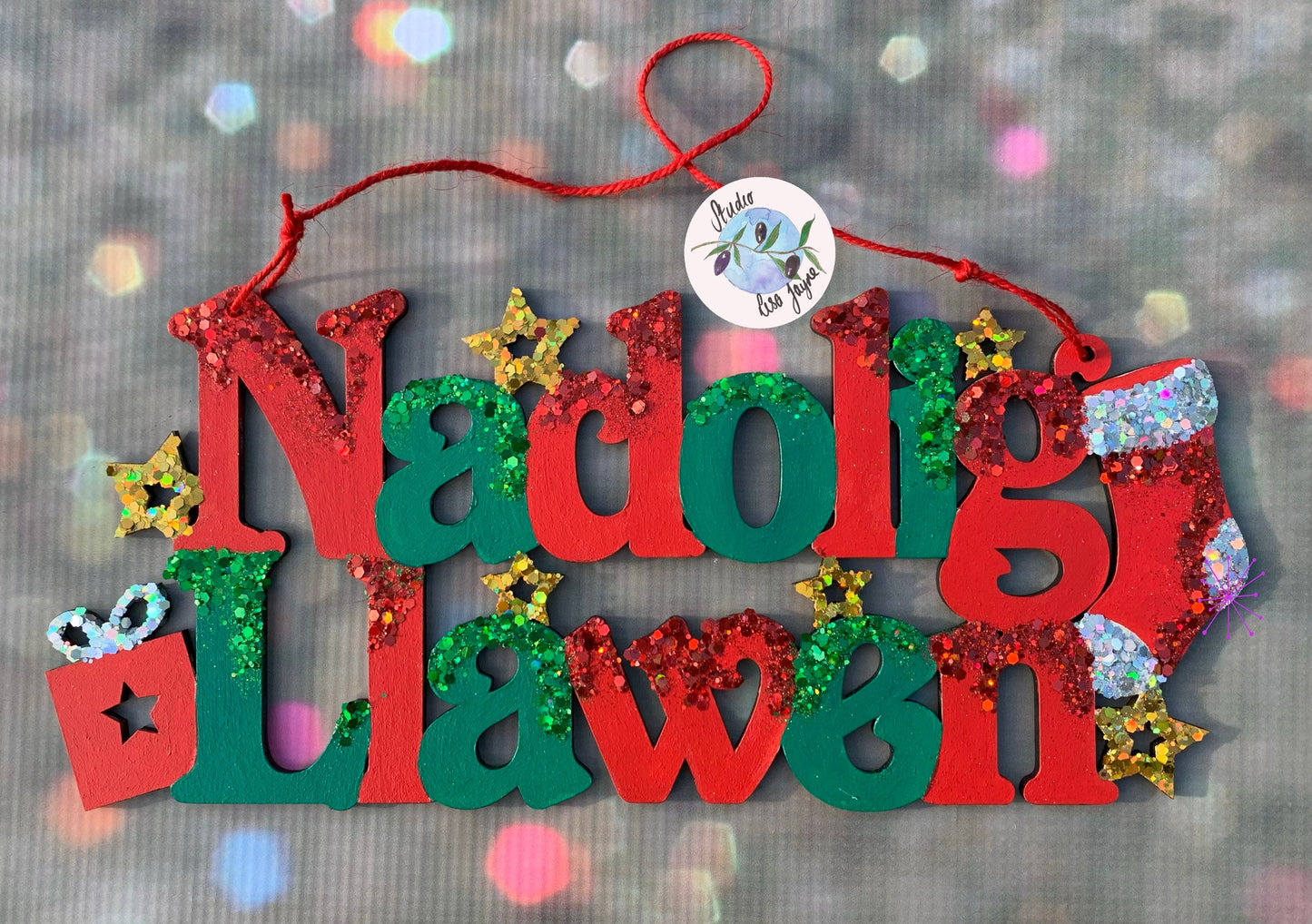 Naolig Llawen Green and Red Welsh Christmas Sign - Glitter Backround