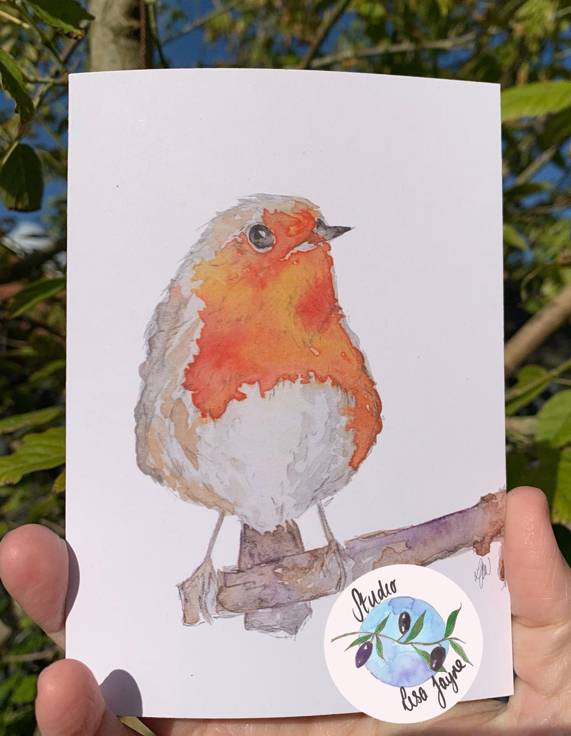 Hand painted Watercolour Christmas Cards Robin Print - Closeup Natural Backdrop