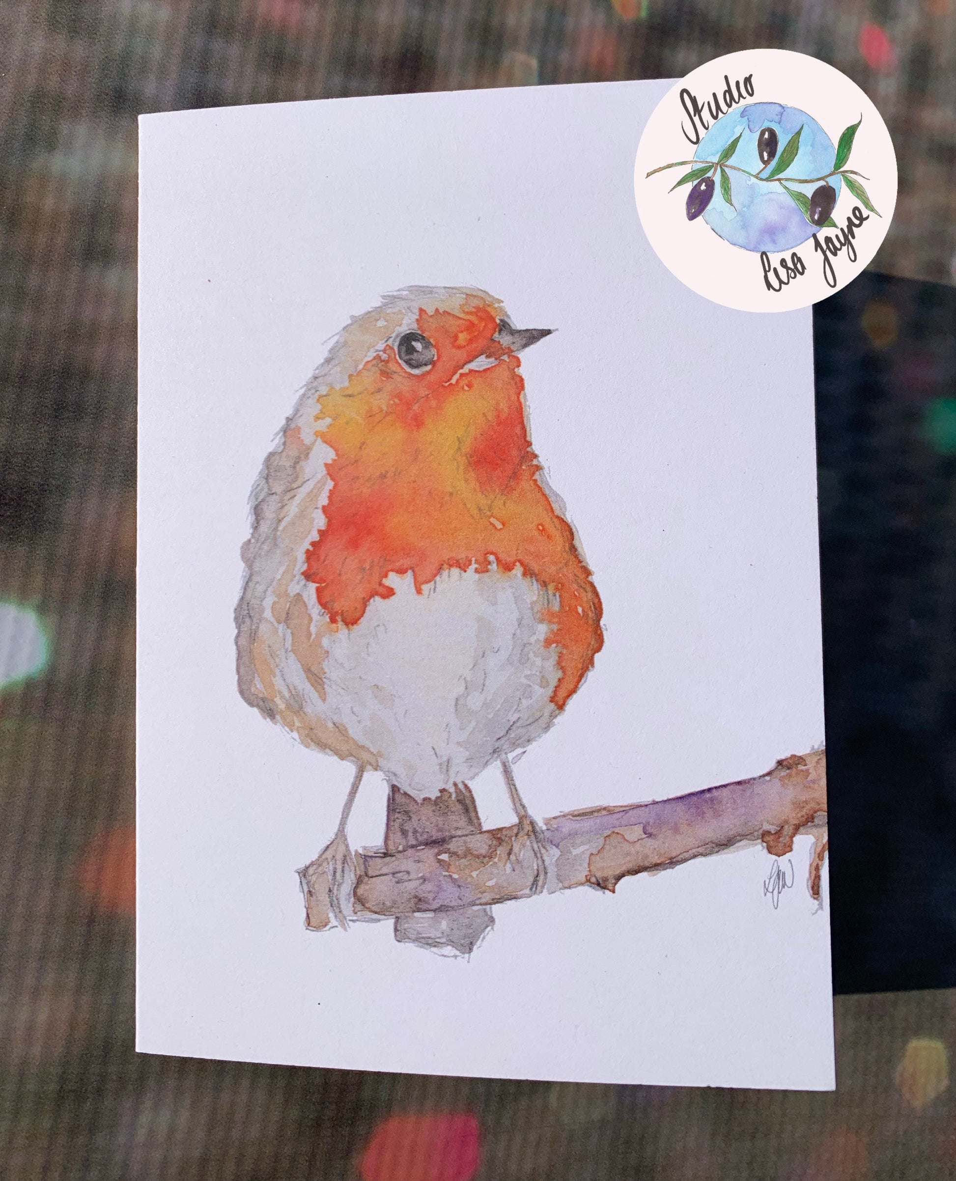 Hand painted Watercolour Christmas Cards Robin Print - Glitter Blur