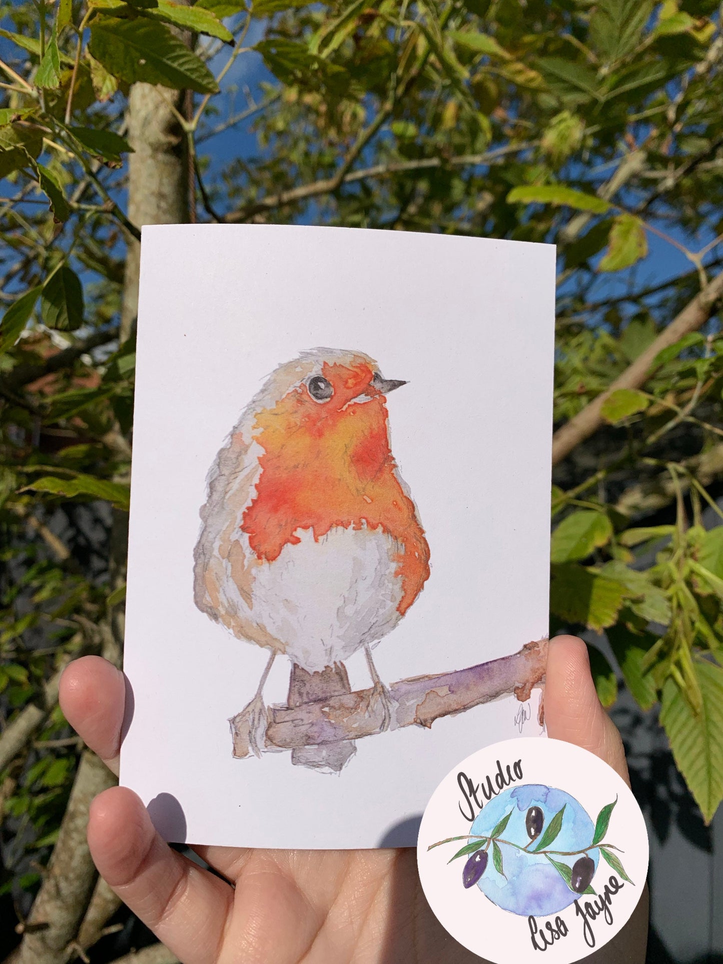 Hand painted Watercolour Christmas Cards Robin Print - Natural Backdrop