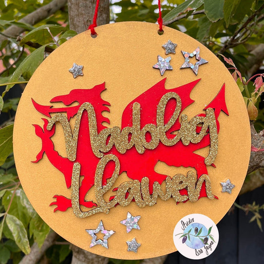 Nadolig Llawen Welsh Dragon Hanging Sign